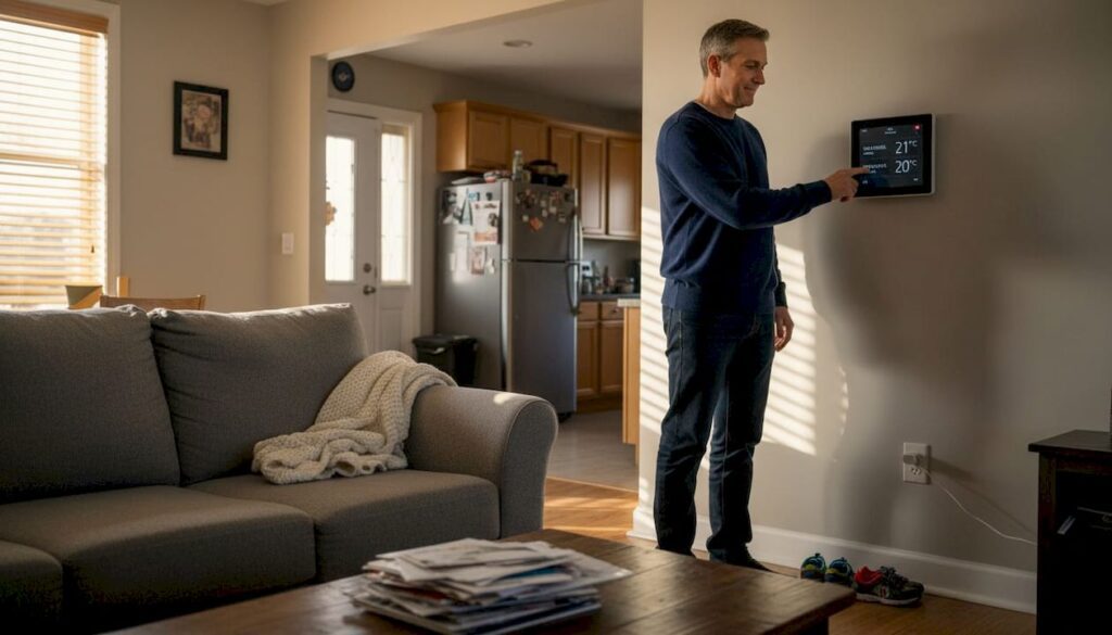 Homeowner adjusting thermostat for HVAC zones