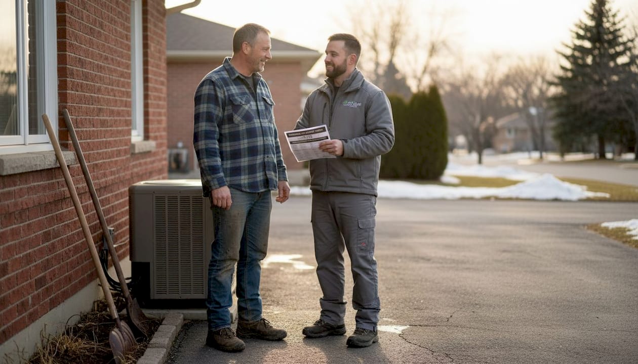 Homeowner with HVAC pro at heat pump unit