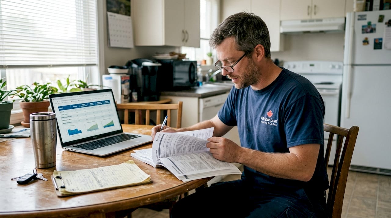 1776365253068_Technician-reviewing-heat-pump-warranty-paperwork-1 Technician reviewing heat pump warranty paperwork